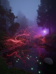 Mystical Forest Stream: Ethereal Lights and Tranquil Night in the Woods