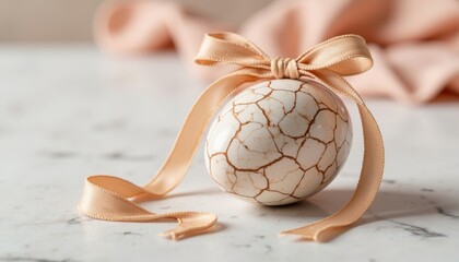 Decorative easter egg with cracked design and ribbon bow on marble  
