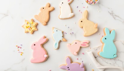Colorful bunny-shaped cookies decorated for Easter celebration  