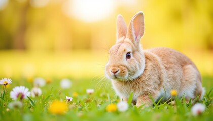 Brown rabbit sitting in a field of flowers during sunset  