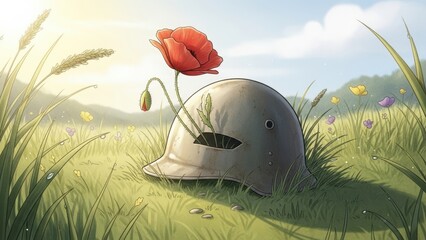 Poppy growing through a crack in an old helmet