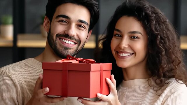 Couple smiles while holding a red gift box in a cozy indoor setting during a special occasion with warm lighting