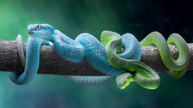 View of a blue viper and a green viper coiled around a branch, their scales shimmering against the soft, blurred backdrop, Batam, Batam, Indonesia.