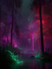 Neon Jungle: A Mystical Forest Landscape with Glowing Plants and Trees