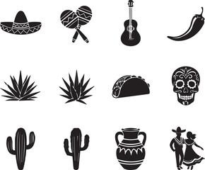 Mexican themed silhouette icons including sombrero and cactus silhouette