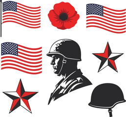 Patriotic silhouette of soldier with american flags and poppy