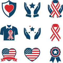 Patriotic silhouette icons for awareness and support featuring american flags and ribbons