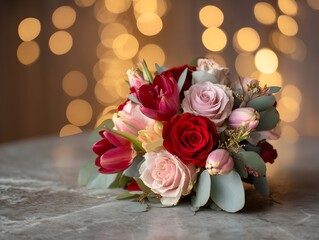 Naklejka premium A colorful bouquet on a table with blurred lights for Valentines Day