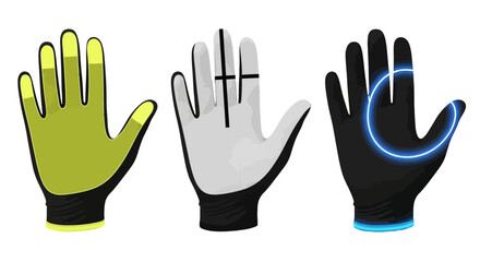Obraz premium Three goalkeeper gloves with distinct designs and colors.