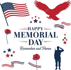 Memorial day silhouette graphic with patriotic symbols and american flag