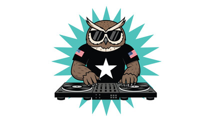 Obraz premium DJ Owl Wearing Sunglasses and T-shirt Playing Music.