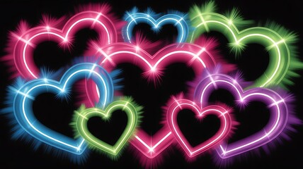 Vibrant Neon Hearts Collection with Glowing and Pulsating Light Effects on a Transparent Background.
