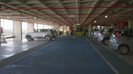 Blurred view of cars parked in a defocused parking lot with visible bokeh and urban infrastructure, creating a sense of movement and modernity.