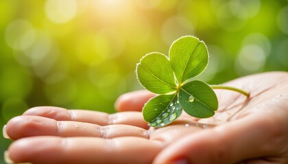 Hand holding four-leaf clover with sunlight in blurred background  