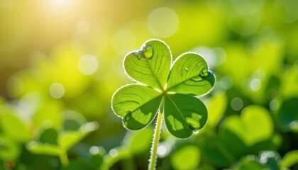 Four-leaf clover with dew drops glowing in sunlight  