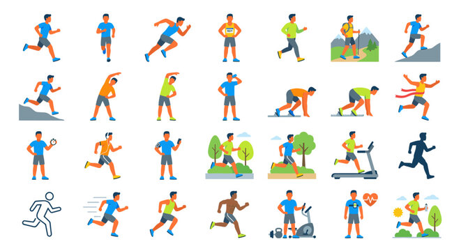 Collection of illustrations depicting various running and exercising poses of a male figure.