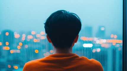 A person gazes out a rainy window, reflecting on city lights, evoking a sense of contemplation and serenity amidst the urban landscape.