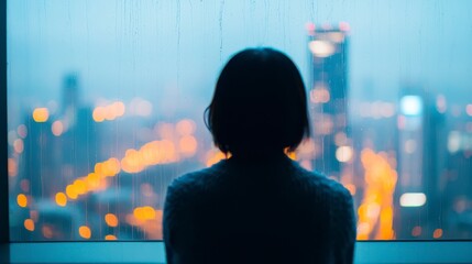 A person gazes out a rain-streaked window, overlooking a cityscape illuminated by glowing lights, evoking a sense of contemplation and solitude.