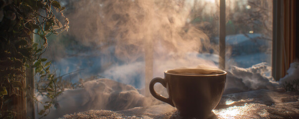 Winter morning light through icy window illuminating steam from hot cocoa 32k ultra HD