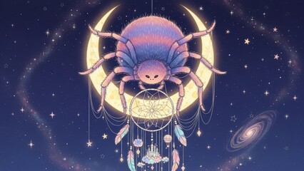 Fluffy spider sitting on a dreamcatcher against the moon