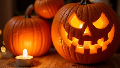 Halloween pumpkin lanterns glowing on wooden table with candle  