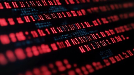 A close-up image showcasing a digital display with red and blue binary code, emphasizing technology and data processing.