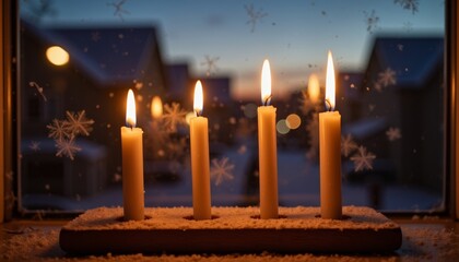 Four candles burning on wooden holder by snowy window at dusk  