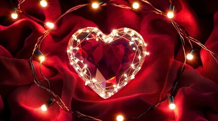 A sparkling crystal heart surrounded by warm fairy lights on rich red fabric, creating a romantic and elegant atmosphere.