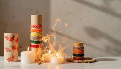 Colorful candles and decorations arranged on table with flames  