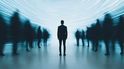 A solitary figure stands amidst a blurred crowd, symbolizing introspection and the search for identity in a fast-paced world.