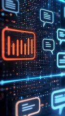 A digital representation featuring speech bubbles and data graphs, emphasizing communication and analytics in a modern tech environment.