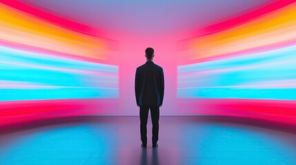 A person stands in a brightly lit space, surrounded by vibrant, colorful light beams emanating from either side, creating a surreal atmosphere.