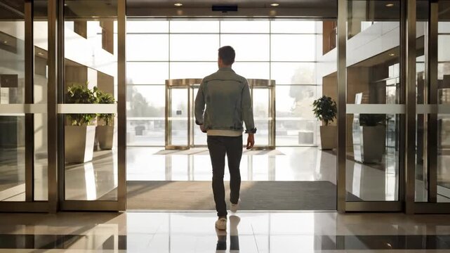 Person entering through automatic doors. A person calmly walking forward as automatic glass doors slide open in front of them.