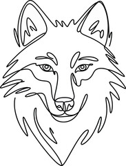 Fototapeta premium Black and white line of a wolf face with pointed ears and sharp