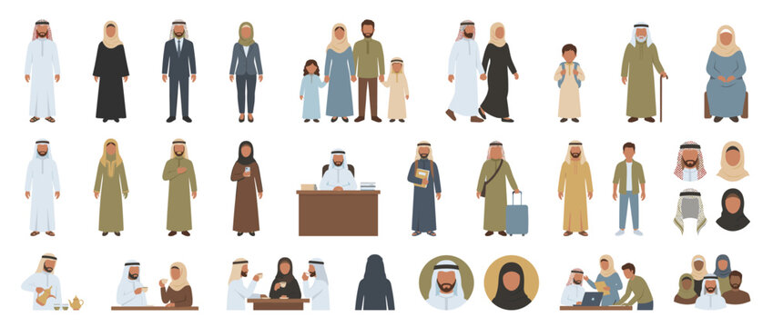 Illustration of diverse Arab people in various traditional and modern attire, depicting different social roles.