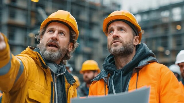 Construction Site Architects' Insight: A focused depiction of construction workers engrossed in their project on the site, demonstrating attention and teamwork on a construction site.