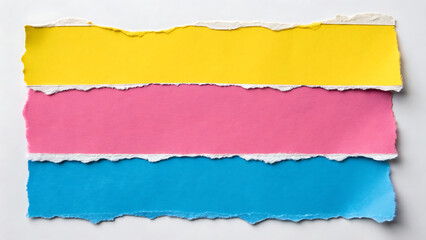 Torn paper strips in yellow, pink, and blue