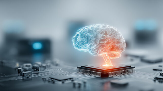 Holographic brain emerging from a microchip on a circuit board symbolizing artificial intelligence computing, machine learning innovation, and smart hardware.
