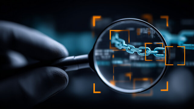 Magnifying glass examining connected chain links to symbolize blockchain verification, integrity checks, and secure transactions in decentralized networks.
