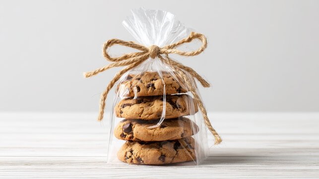 Chocolate chip cookies in a clear gift bag tied with a twine bow on a white wooden surface.