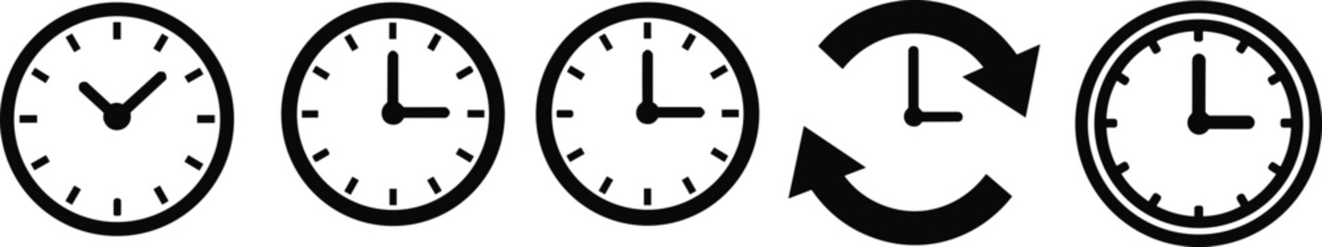 Set of five black and white clock icons illustrating different times and the concept of time passing with circular arrows.