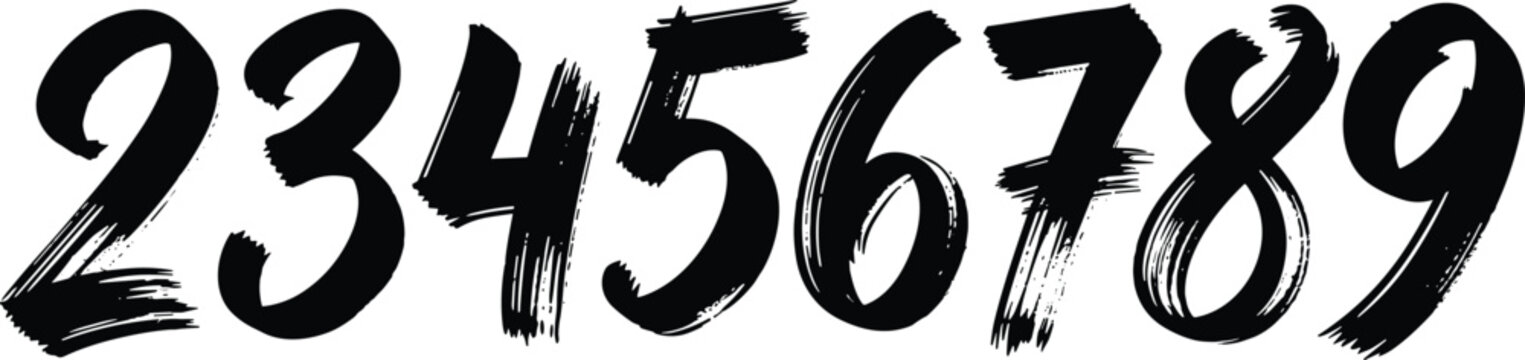 Bold black brush stroke numbers from two to nine, isolated on a white background, graphic design elements.