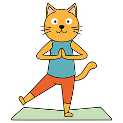 Cartoon cat in a yoga pose balanced on one leg with hands together above head