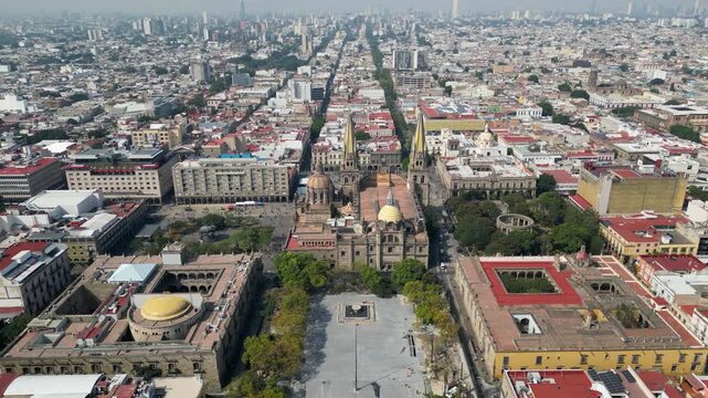 Guadalajara, Mexico - November 8 2025: Drone view of Guadalajara Cathedral, an iconic Mexican landmark. Features central Tapatia Square and surrounding urban cityscape