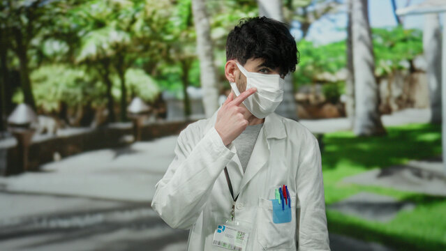 Young man wearing mask in white coat standing in park outdoor with blurred green background during daytime, pointing at face mask with pens in pocket.