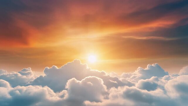Inspiring sunset cloudscape with heavenly sun rays shining through majestic clouds