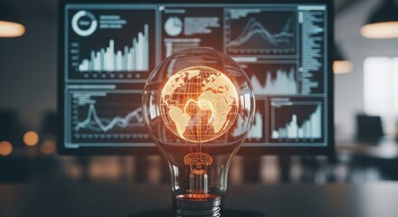 Earth globe inside a bulb, screen with graphs, a concept of innovation