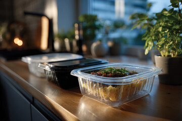 A serene view of meal prep containers arranged on a kitchen counter, showcasing colorful and fresh food, perfect for healthy eating and meal planning.