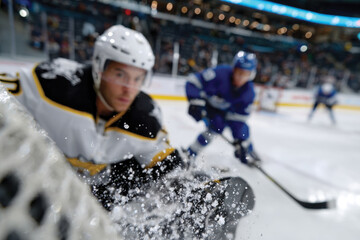 Action-packed shot of an intense ice hockey game, capturing the energy of players in motion, with a focus on a player preparing to defend against an incoming puck.