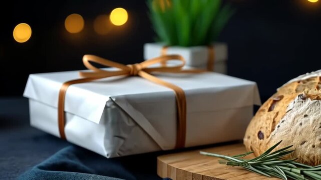 Baking bread and wrapping presents during the holiday season in a cozy kitchen setting with warm lights and natural decorations